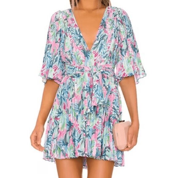 SAYLOR Dresses & Skirts - SAYLOR Byrd Miami Tropical Blue Pink Floral Micro Pleat Mini Dress sz Small